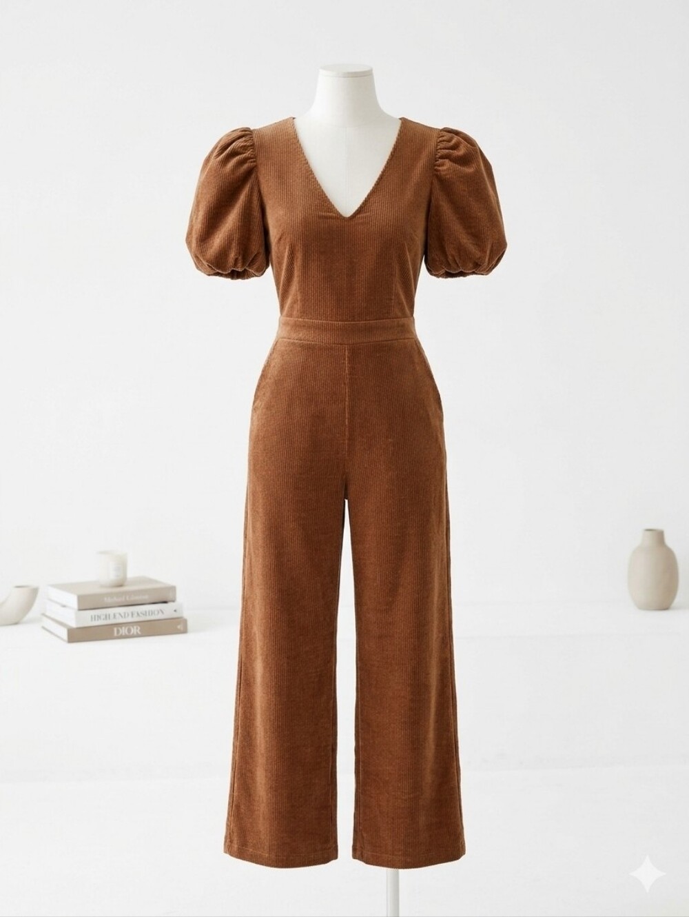 Sophie the Label Liana Corduroy Wide Leg Puff Sleeve Open Back Jumpsuit